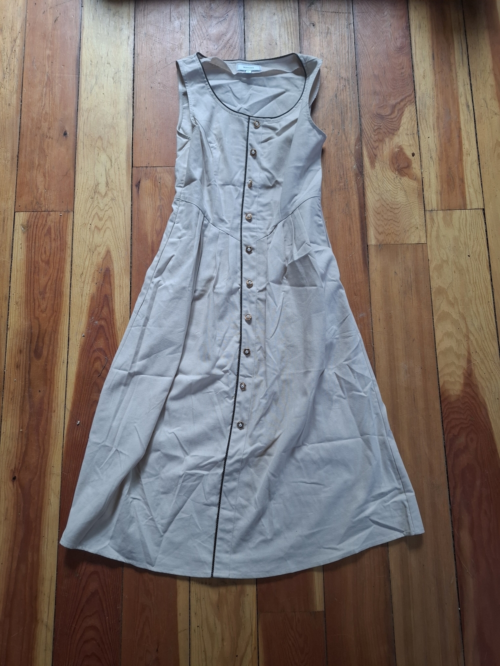 RIHOAS Cream Midi Dress with Pearl Buttons and Black Piping